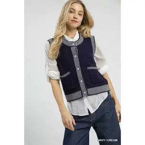Umgee Contrast Striped Trim Button-Down Sweater Vest