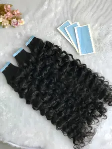 Genuine Brazilian Human Hair Tape-In Extensions in Natural Black, Featuring a Water Wave Texture - Designed to Enhance Volume And Length, Available in Curly Styles Ranging from 12inch-24inch, Perfect for Showcasing Your Hair Beauty
