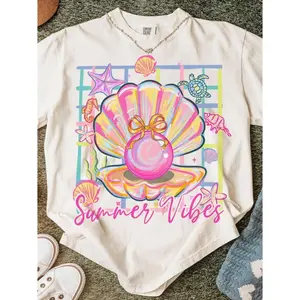 Summer Vibes Pearl Shell Graphic Tee Women Cute Coastal Beachy Aesthetic Oversized Soft Cotton Short Sleeve Crewneck Casual Vacation Outfit Top