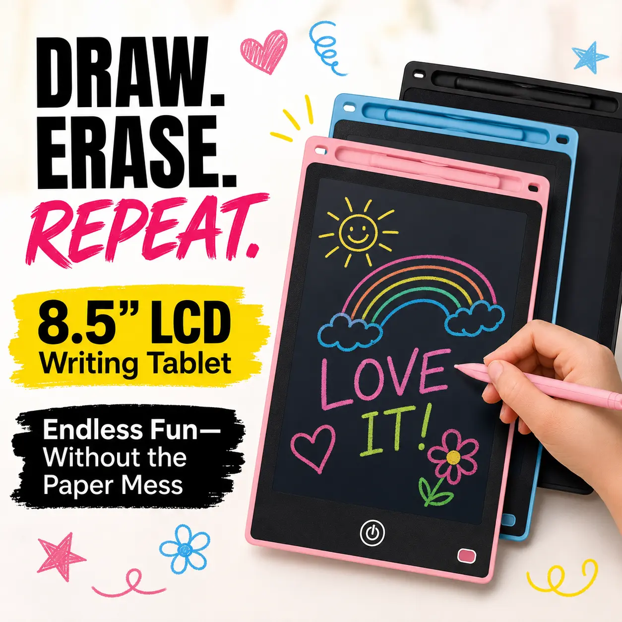 LCD Writing Tablet for Kids, Erasable Electronic Doodle Drawing Pad with Stylus, One-Click Clear Portable Toddler Art Board, Reusable Paperless Drawing Toy for Boys Girls Travel & Home