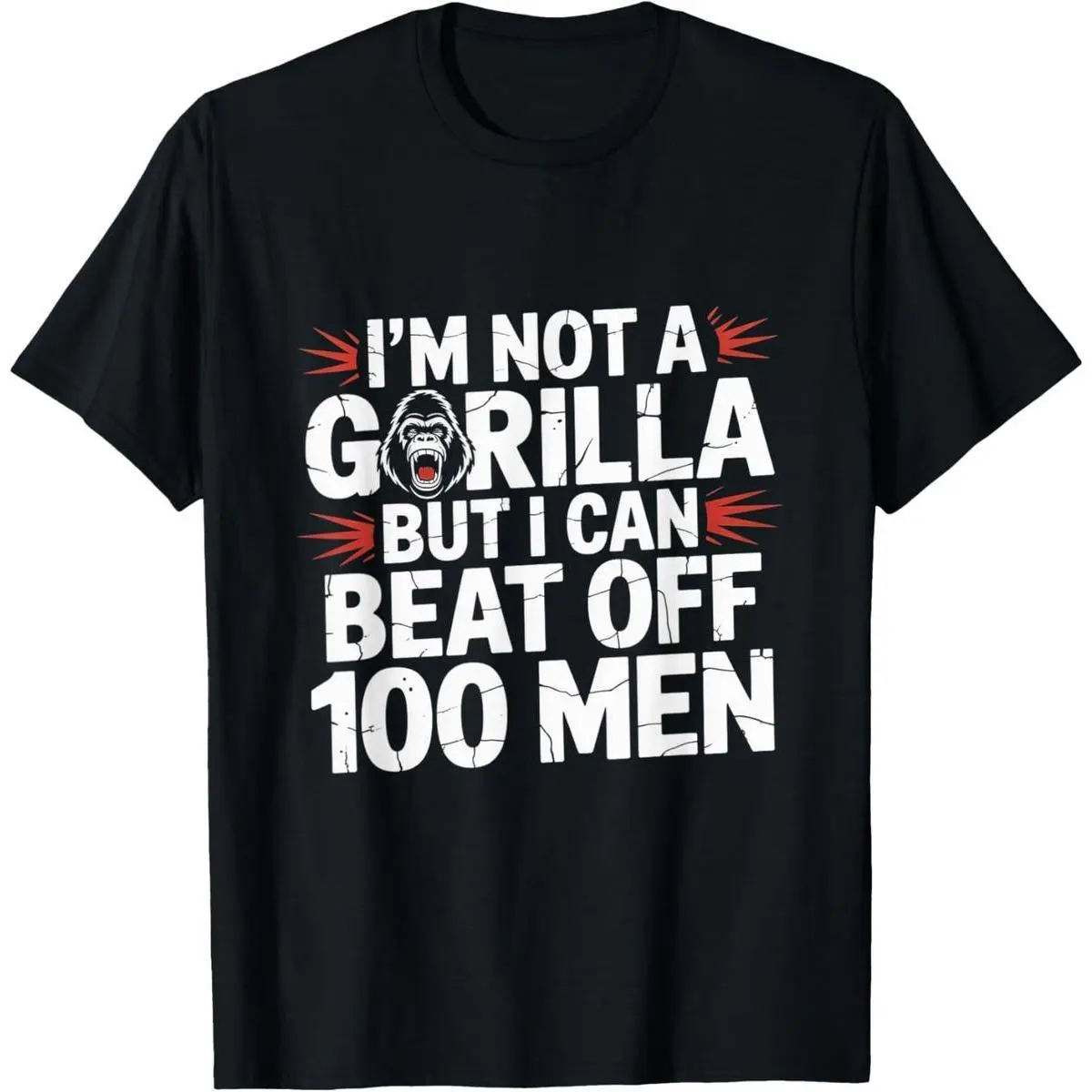 Crew‑neck short‑sleeve top decorated with roaring gorilla portrait and eye‑catching humorous letter slogan, funny‑statement unisex everyday top