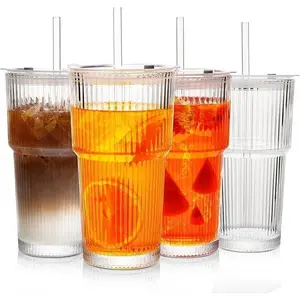 Ribbed Glass Tumblers with Vertical Ribs, 8-Pack Reusable Thick Glass Cold Drinkware with Lid+Straw, Ideal for Iced Coffee & Smoothies, Outdoor Use Tumbler