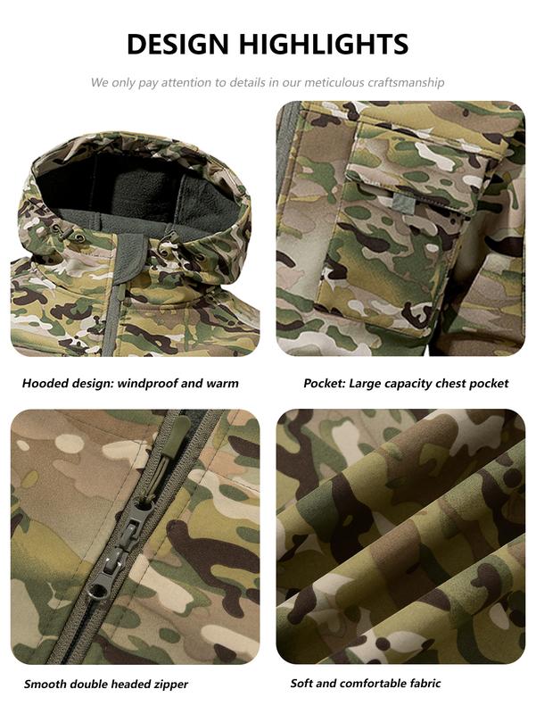 Men's Multi-Pocket Workwear Hooded Jacket, Fleece Waterproof Jacket, 9 Cl Menswear ose-Fitting Pockets Fleece Design. Menswear Coats Coats Tops Long Sleeve Operator Motocross Camo Camouflage Casual Navy Outdoorfun