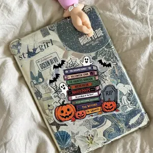Spooky Book Lover Phone Grip, Ghost and Pumpkin Phone Holder, Halloween Reading Acrylic Stand, Cute Fall Gift for Readers, Phone Case, Tablet, or E-Reader