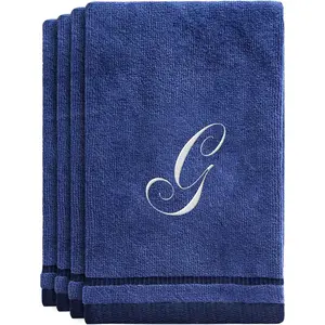 Navy Blue Monogrammed Towels with Initials - 4 Pack Super Absorbent Bathroom Fingertip Cotton Towel with Soft Velour Finish - Personalized Gifts for Friends & Family 11"x18" Initial G