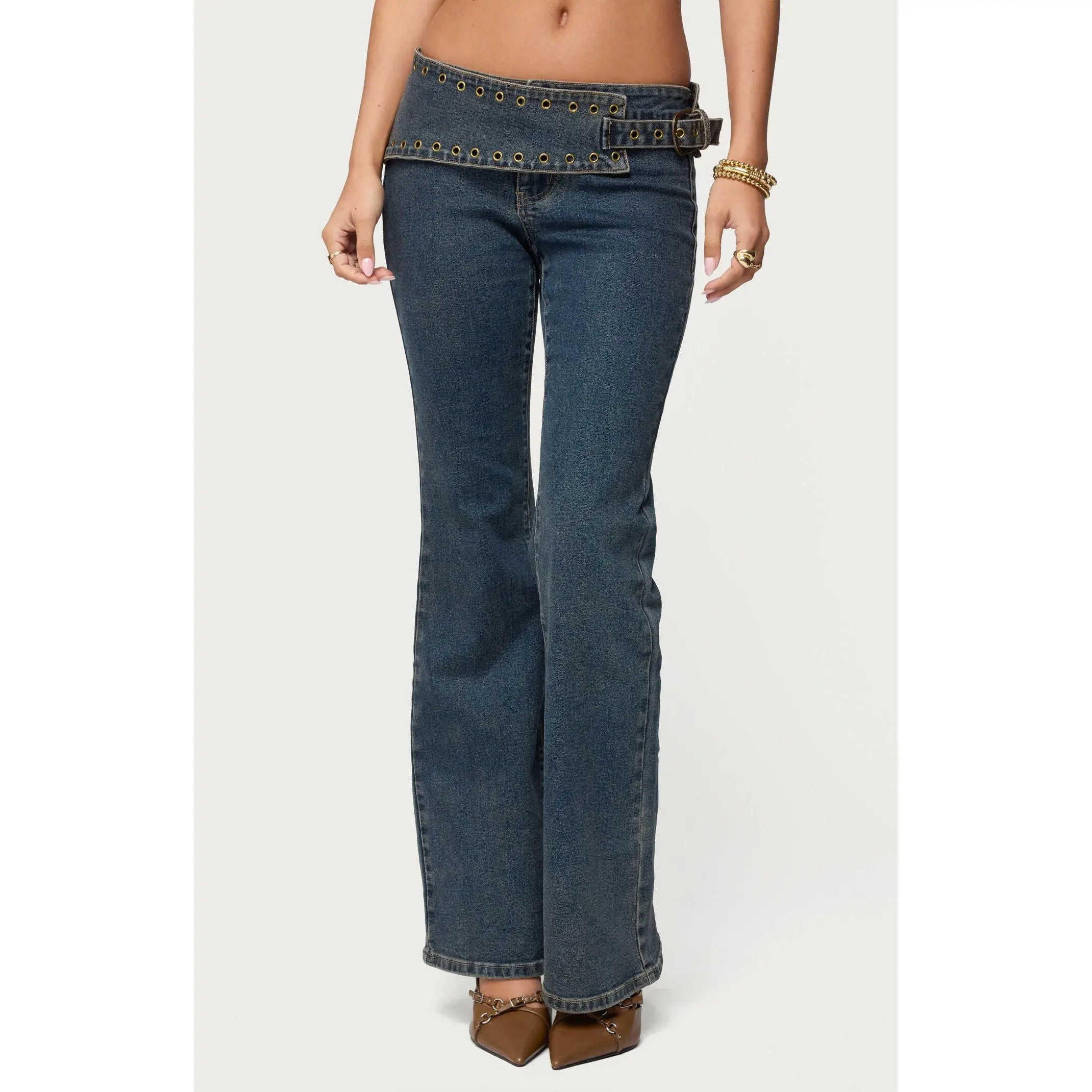 Edikted Women's Asymmetric Grommet Belt Low Rise Flare Jeans
