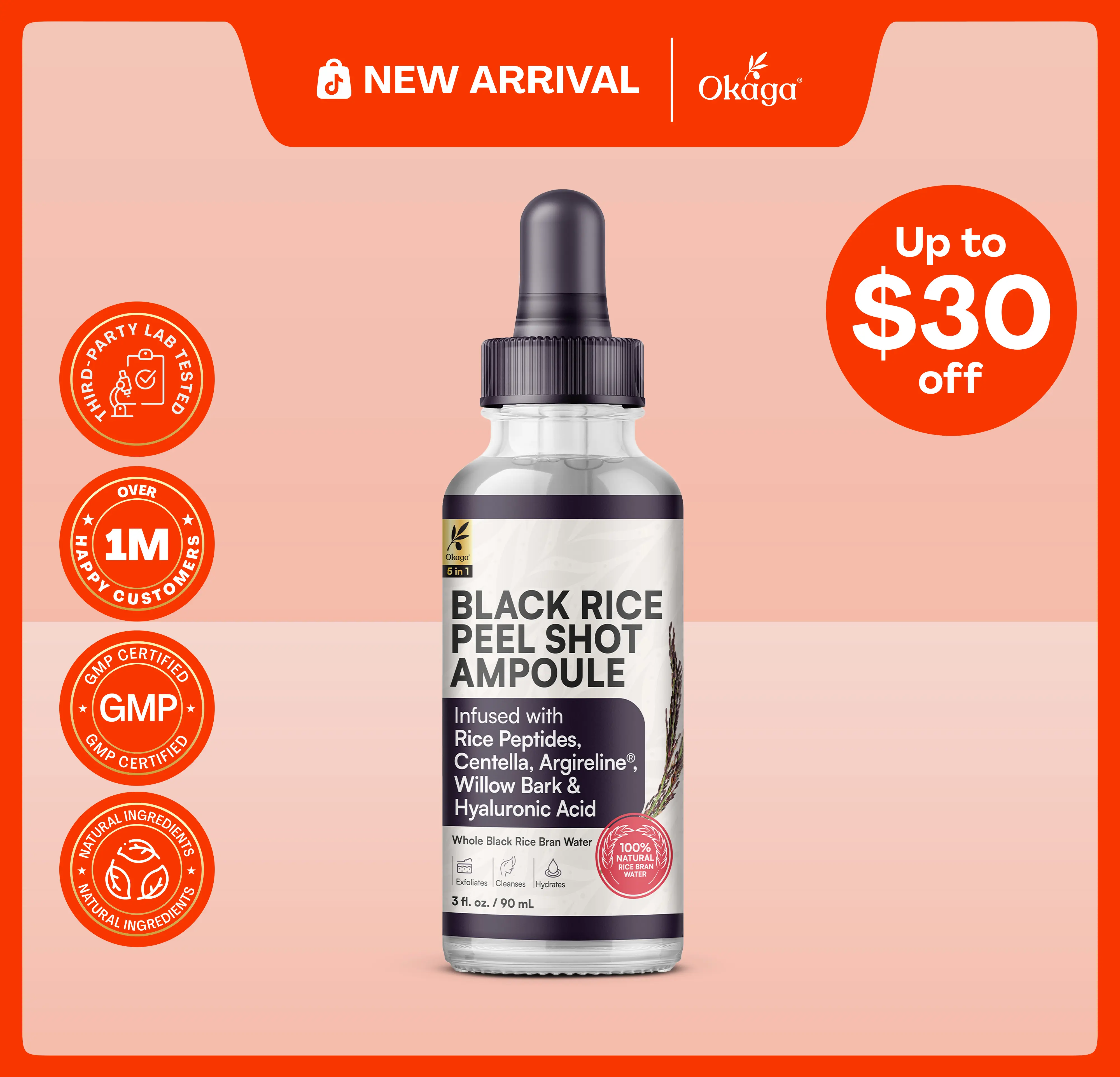 Okaga Natural Black Rice Peel Shot Ampoule - 100% Organic Serums for Brightening, Exfoliating, and Moisturizing - Suitable for All Skin Types