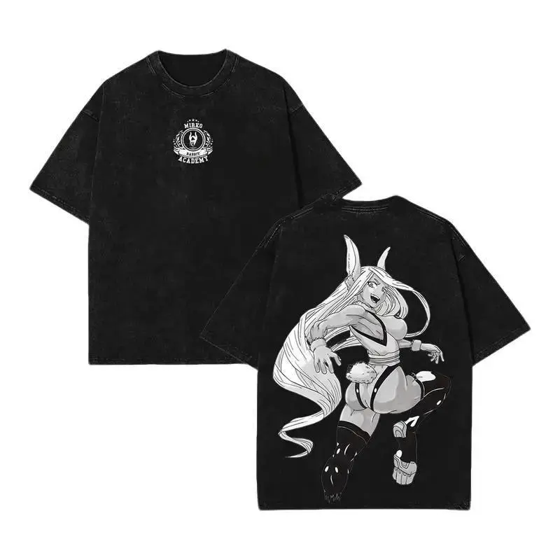 Mirko My Hero Academia Graphic Tee – Bunny Hero Ver. Washed Heavy Cotton | Laurel Crest Front & Kick Form Back Print | Oversized Anime Streetwear Shirt