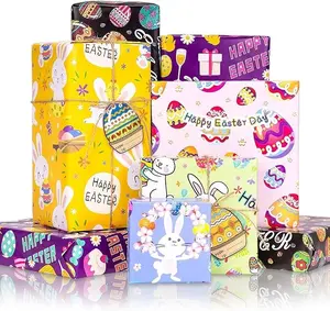 Easter Gift Wrapping Paper, 6 Sheets Cute Easter Egg Bunny Gift Wrap Set w/Gift Tags, Twine String & Stickers, Colorful Glossy Gift Wraps for Easter Birthday Party Baby Shower (27.5x19.6in)