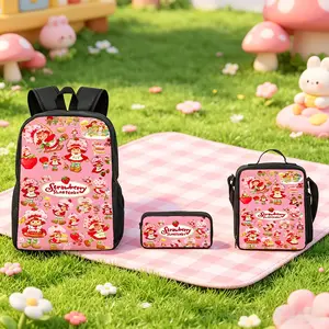 Strawberry Shortcake Cute Cartoon Strawberry Print Backpack Large Capacity Trendy for School Travel Trend with Lunch Box and Pencil Case for Boys Girls Stylish for Kids Teens