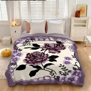 1 piece of retro purple rose blanket on rice and white background, floral frame printed flannel material, simple wind blanket, skin-friendly, soft, machine washable, suitable for office, home, suitable for all seasons, sofa blanket, bed blanket