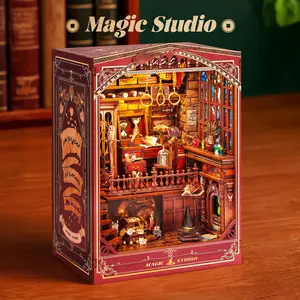 SummerVibes FUNPOLA Magic Studio LED 3D Book Nook-with Music Box DIY Wooden Mechanical Miniature-Bookshelf Insert Creative Gift for Adults and Teens