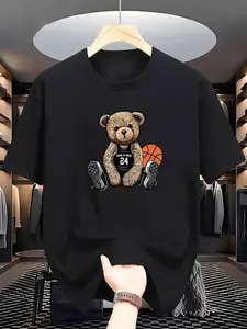 Men's Casual Bear Print T-Shirt - Crew Neck, Short Sleeve, Summer Fashion Top, Machine Washable Menswear Soft
