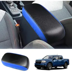2022 2023 2024 2025 Maverick Center Console Cover for Frod Maverick (XL/XLT/Lariat/Tremor/Lobo), Waterproof&Anti-Scratch Leather Armrest Cover 2025 Maverick Accessories (Blue-Carbon Fiber)