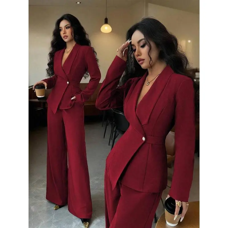 Women's Elegant Lapel V-Neck Long Sleeve Unique Design Waist Belt Buttoned High-End Blazer Jacket And Straight Wide-Leg Pants Two Pieces Suit, Suitable For Work Commute In Autumn Can be used with raincoat