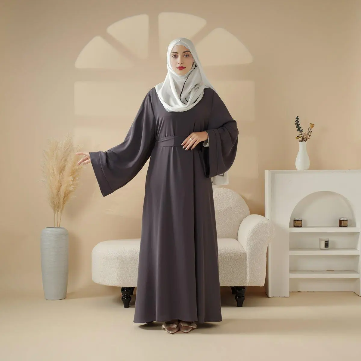 Women's 2-Piece Modest Abaya Set in Premium Nida, Elegant Loose Fit Islamic Clothing with Belt and Pockets, Elegant Islamic Clothing, Islamic Clothing Set