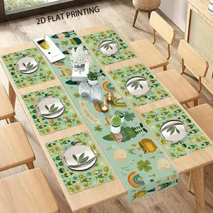 2D flat printing, 5-piece/7-piece St. Patrick's Day table flag placemat set, Irish elf clover rainbow meal flag, St. Patrick's Day party kitchen table decoration