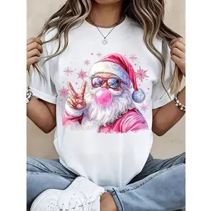 Funny Santa Claus Blowing Bubble Gum Christmas T-Shirt For Women, Casual Holiday Graphic Tee With Sunglasses And Peace Sign, Festive Xmas Top For Party Or Gift