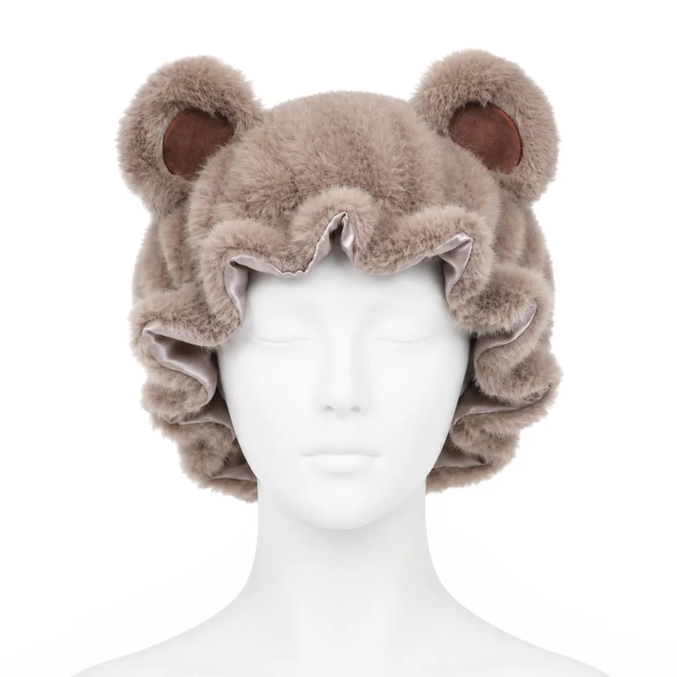 Original Design Bear Ear Plush Sleep Hair Bonnet Ruffle Satin Lining Wide Hair Wrap Soft Fluffy Cap for Overnight Hair Protection Facial Skincare Makeup