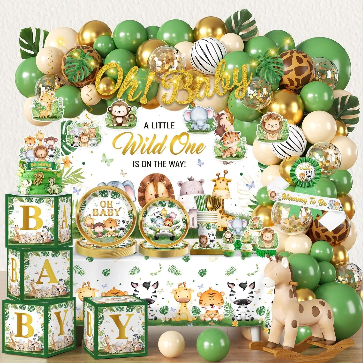 300PCS Playful Jungle Animal All-in-1 Party Set - Food Grade Paper 30-Print Palm Cartoon Tableware, 59x39in/118-inch Safari Backdrop, Tablecloth, Balloon Boxes, 100pcs 7in Balloon Kit, 6 Swirl Decorations, Easy-Install Baby Shower Decor Supplies