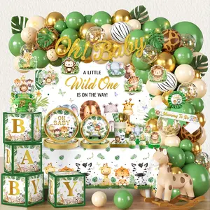 300PCS Safari Baby Shower Decorations, 30 Safari Theme Tableware, All-in-1 Pack Includes Backdrop Tablecloth Balloon Boxes Balloon Kit for Baby Shower Decorations Boy