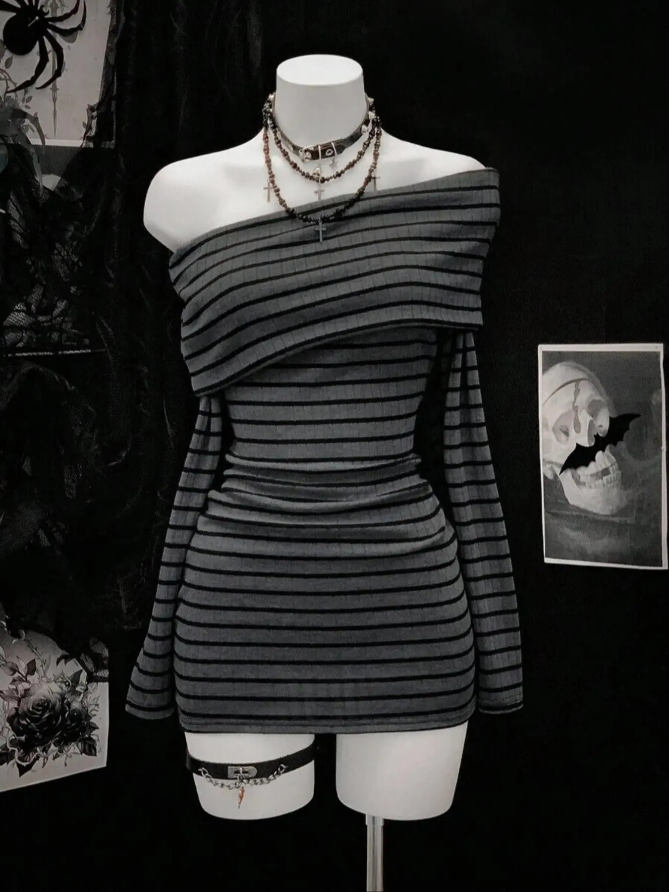 Women's Knitted Texture Striped Slim Fit Long Sleeve Asymmetrical Design Dress, Fashion Casual Wear Shoulderless One-Shoulder Bodycon Fitted Dress for Fall Winter Womenswear
