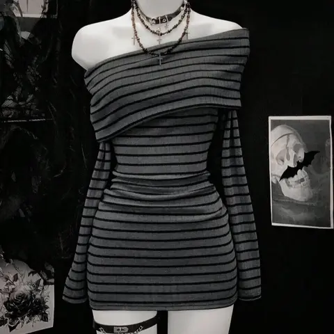 Women's Gray and Black Striped Knit Mini Dress, Long-Sleeve One-Shoulder Bodycon Style for Fall and Winter