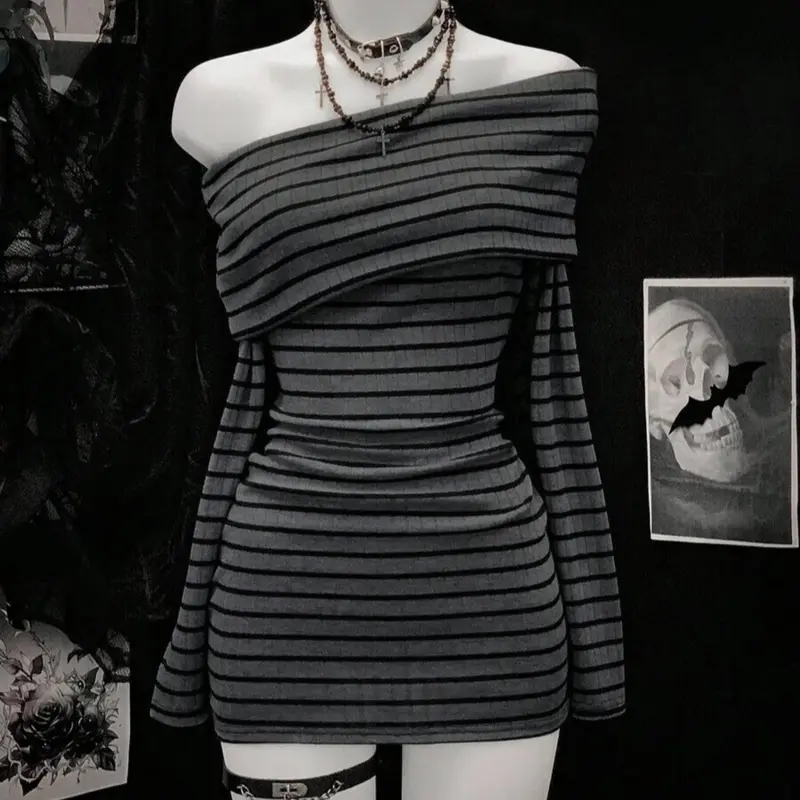Women's Gray and Black Striped Knit Mini Dress, Long-Sleeve One-Shoulder Bodycon Style for Fall and Winter