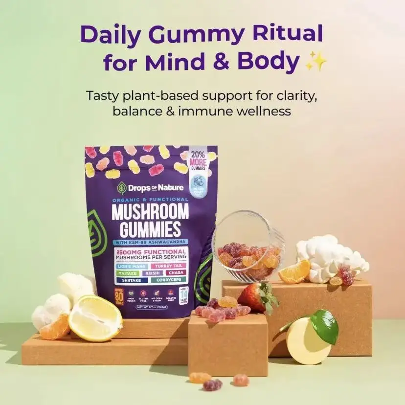 Drops of Nature Mushroom Gummies, 2500mg Functional Mushroom Complex with KSM-66 Ashwagandha, Lion's Mane, Reishi, Cordyceps, Vegan Immune Support, Mixed Fruit Flavor, 80 Gummies