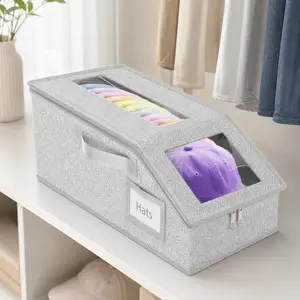 1 Pack Hat Organizer for Baseball Caps, Grey Stackable Hat Storage Box with Clear Windows, Closet Shelf Cap Holder, Dust-Proof Home Storage Bin for Men & Women