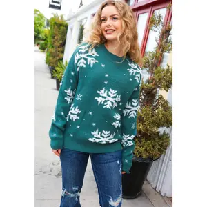 Season Greetings Hunter Green Puffy Snowflake Jacquard Sweater