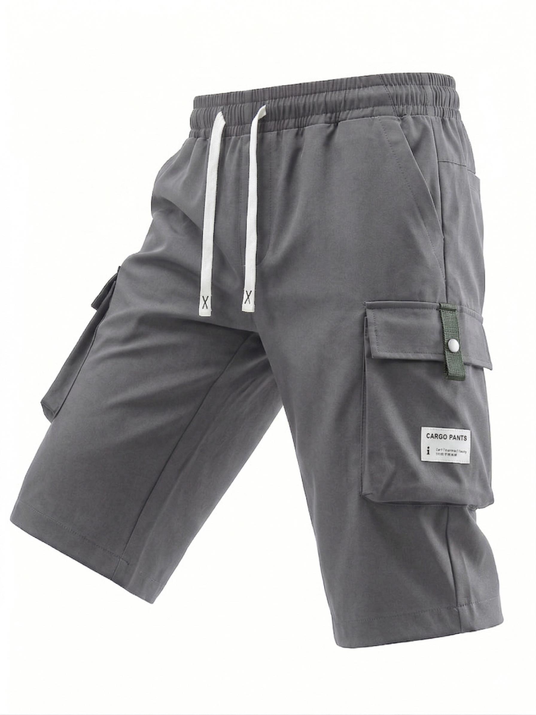 Men's Summer Casual Cargo Shorts - Elastic Drawstring Waist, Multiple Pockets & Letter Patch Design, Regular Fit Mid-Rise Non-Stretch Fabric for Daily Wear & Leisure Activities, Nontransparent Fabric