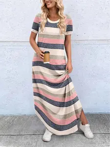 A women's fashionable new solid color crew neck short sleeve dress with pockets, loose fit, versatile and casual, suitable for summer, daily wear, casual outfits, and travl vacations.