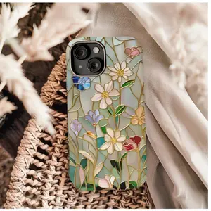 Stained Glass Effect Floral Flower Premium Film 2 in 1 Phone Case - Durable, Shock Absorbing and Stylish Protection - Compatible with iPhone 16, 15, 14, 13, 12, 11, Plus, Pro, Pro Max, Perfect birthday gift for friends.