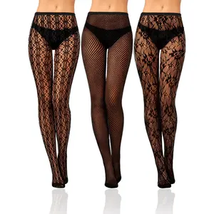 3 Pairs Women Fishnet Stocking Black Floral Tight Legging Tight Stockings Small Hole High Pantyhose Waist Lace Womenswear Butterfly Checkered Dragon Grid Leopard Skull Spider Stripes Style Basic Minimalist