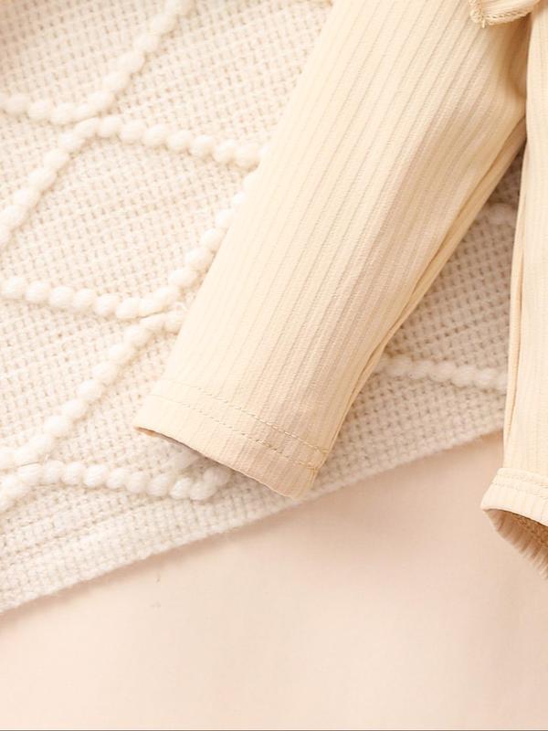 Three-piece Set Girl's Plain Ruffle Trim Bodysuit & Leopard Print Elastic Waist Pants & Hair Band Set, Casual Long Sleeve Round Neck Bodysuit & Trousers & Hair Band for Daily Wear, Kids Clothing for All Seasons, Girl Clothes, Essentials Set