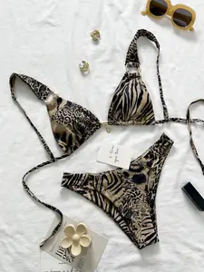2026 New Tiger Stripe Bikini Set, Backless Beach Vacation Swimsuit for Women, Slim-Fitting Metal Accents, All Seasons Fashion, Summer Beach Bikini