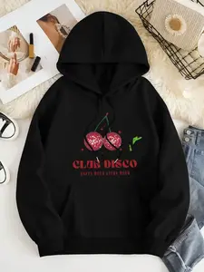 Women's Cherry & Letter Print Drawstring Hoodie, Fashion Casual Hooded Sweatshirt for Daily Wear, Ladies Fall & Winter Tops