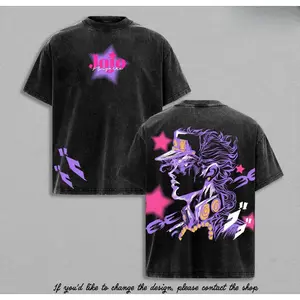 Vintage Washed JoJo's Bizarre Adventure Jotaro Kujo Double Sided T-Shirt, Oversized Retro Distressed Anime Graphic Tee, Harajuku Streetwear Y2K Aesthetic, 100% Cotton Casual Short Sleeve Top, Japanese Manga Star Platinum Print Summer Outfit for Men Women,