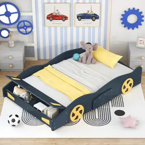 Full Size Race Car-Shaped Platform Bed with Wheels and Storage, Dark Blue Yellowbed frame