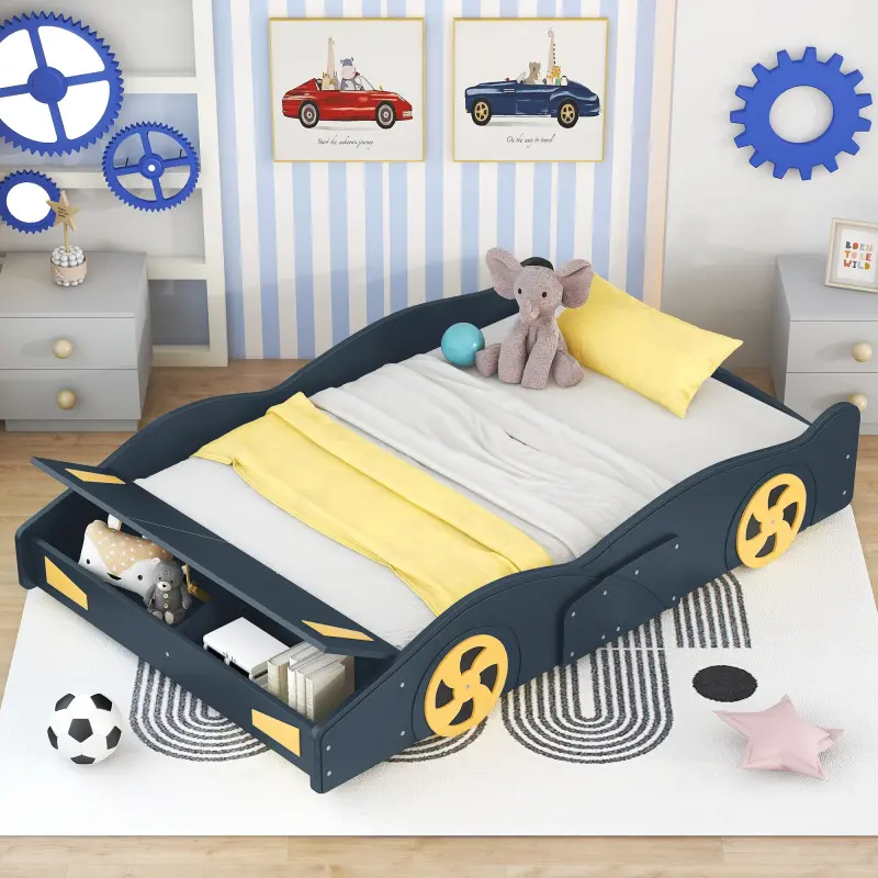 Race Car Bed - Full Size Pine Wood Frame, Dark Blue+Yellow, Wheels, Storage End Compartment, 6 in Profile, 75.4''x53.9'' & 90.6''L x55.3''W x15.7''H, 121.5 lbs, 400 lbs Capacity, Assembly Required, 75.4'' X 53.9''