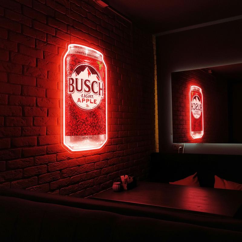 Busch Apple Neon Sign LED Wall Light 6.7x11.8 inch Beer Can Decor, USB Powered Acrylic Panel Light, Pre-Drilled Holes Easy to Hang, Funny Bar Pub Man Cave Game Room Decor
