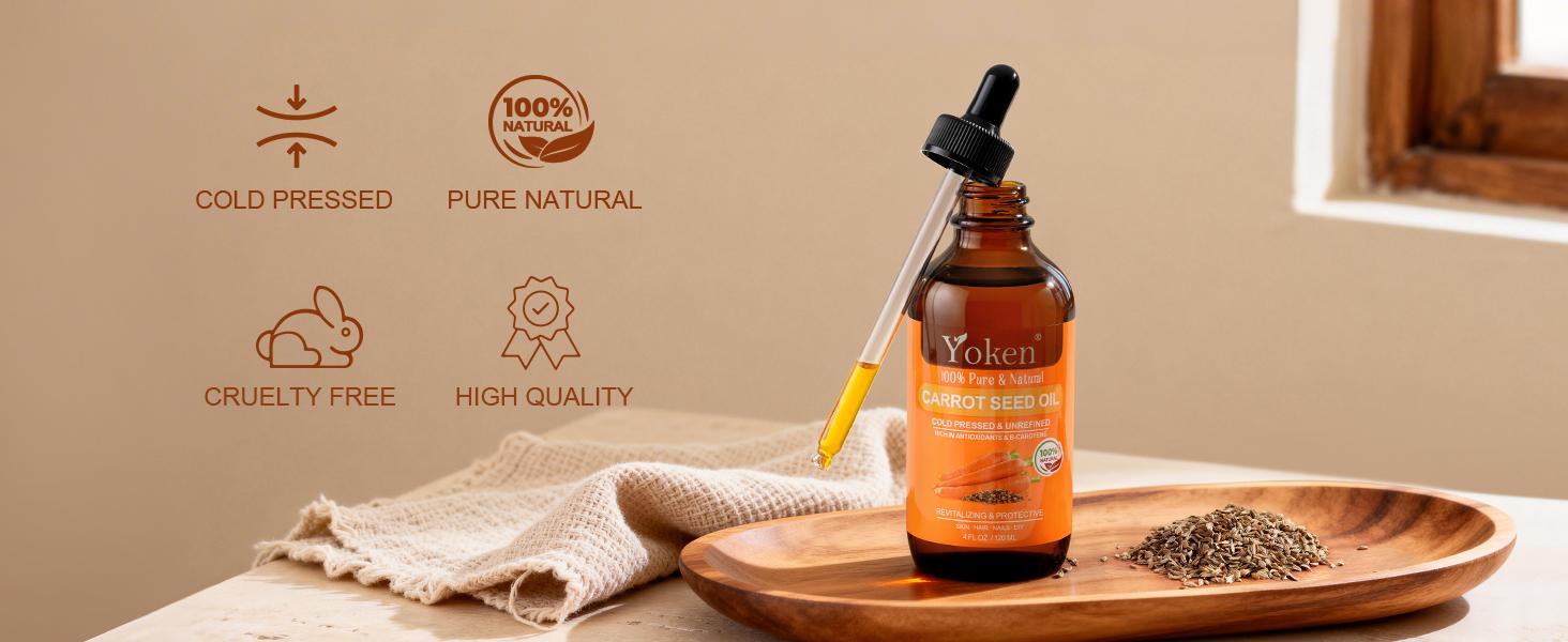 Yoken Cold Pressed Carrot Seed 4 fl oz Pure Cosmetic Carrier, Moisturizing Hydrating Body Care for Skin & Hair – Lightweight for Scalp Massage, Nail Care & Essential Oil Blends