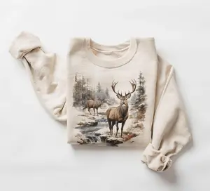 Retro Deer WiIderness Scene Sweatshirt - Nineties Vintage Buck And Doe Deer Outfit - Boho Unisex Crewneck Sweatshirt