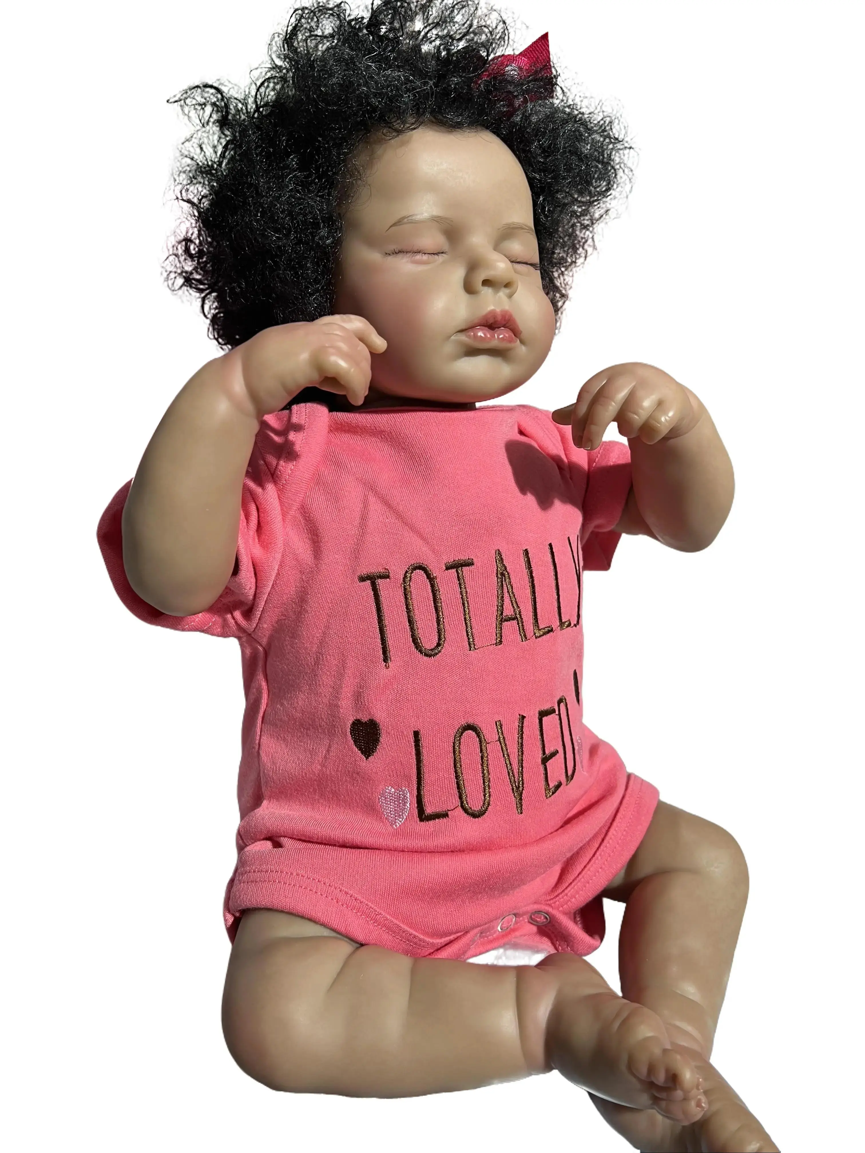 20-Inch (50cm) Realistic Soft Reborn Stuffed Doll - Dark Skin, Curly Afro Hair, Dark Brown Eyes, Rose Red Letter Onesie, Magnetic Poseable Full Limbs, Fabric Body, Unisex Kids' Gift with Birth Cert Add-On