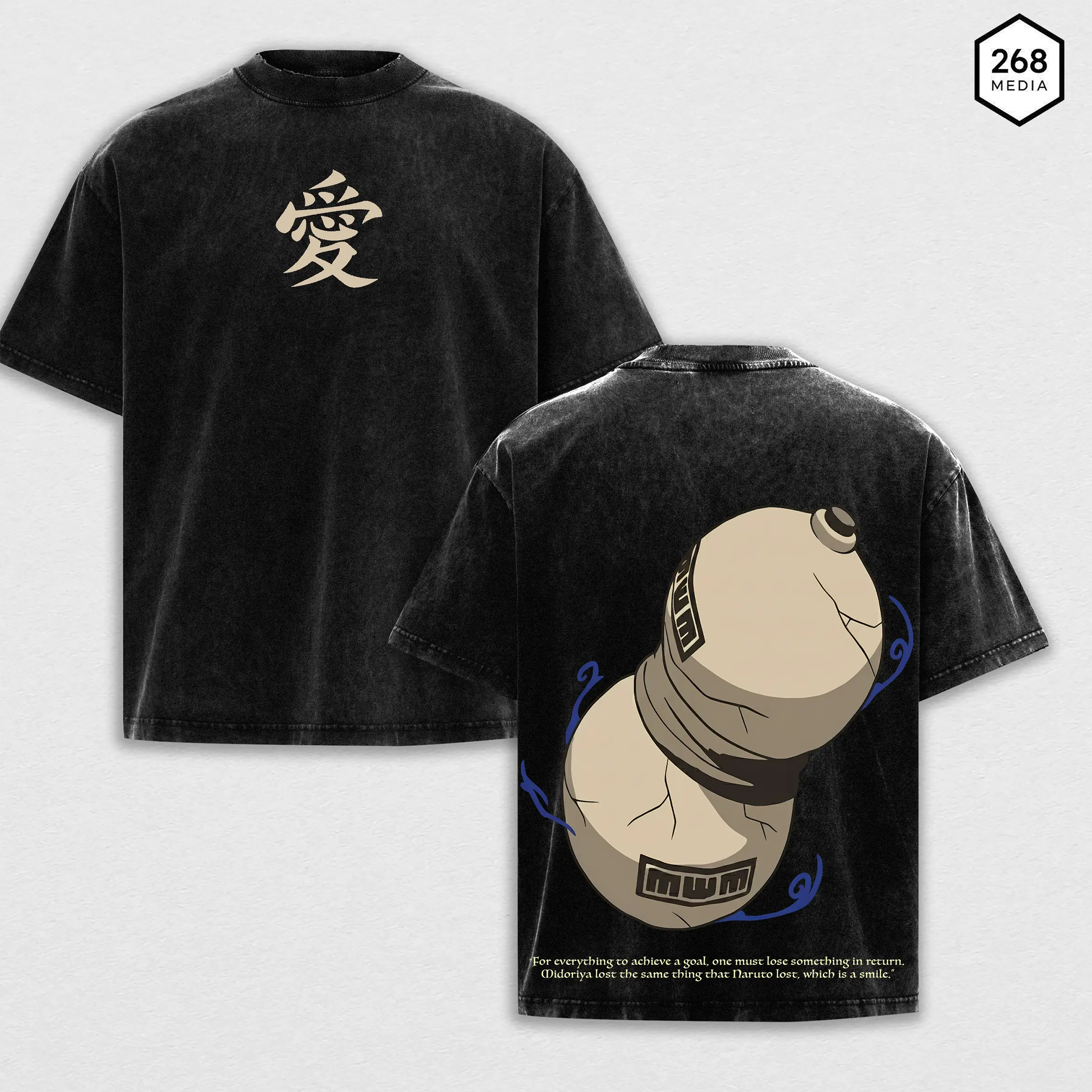Men's Unisex Oversize Seamless Heavyweight Cotton Tshirt - Gaara Sand Gourd Love Symbol Naruto Shippuden Manga Aesthetic Vintage Washed Top, Anime Fan Gift Apparel Clothes