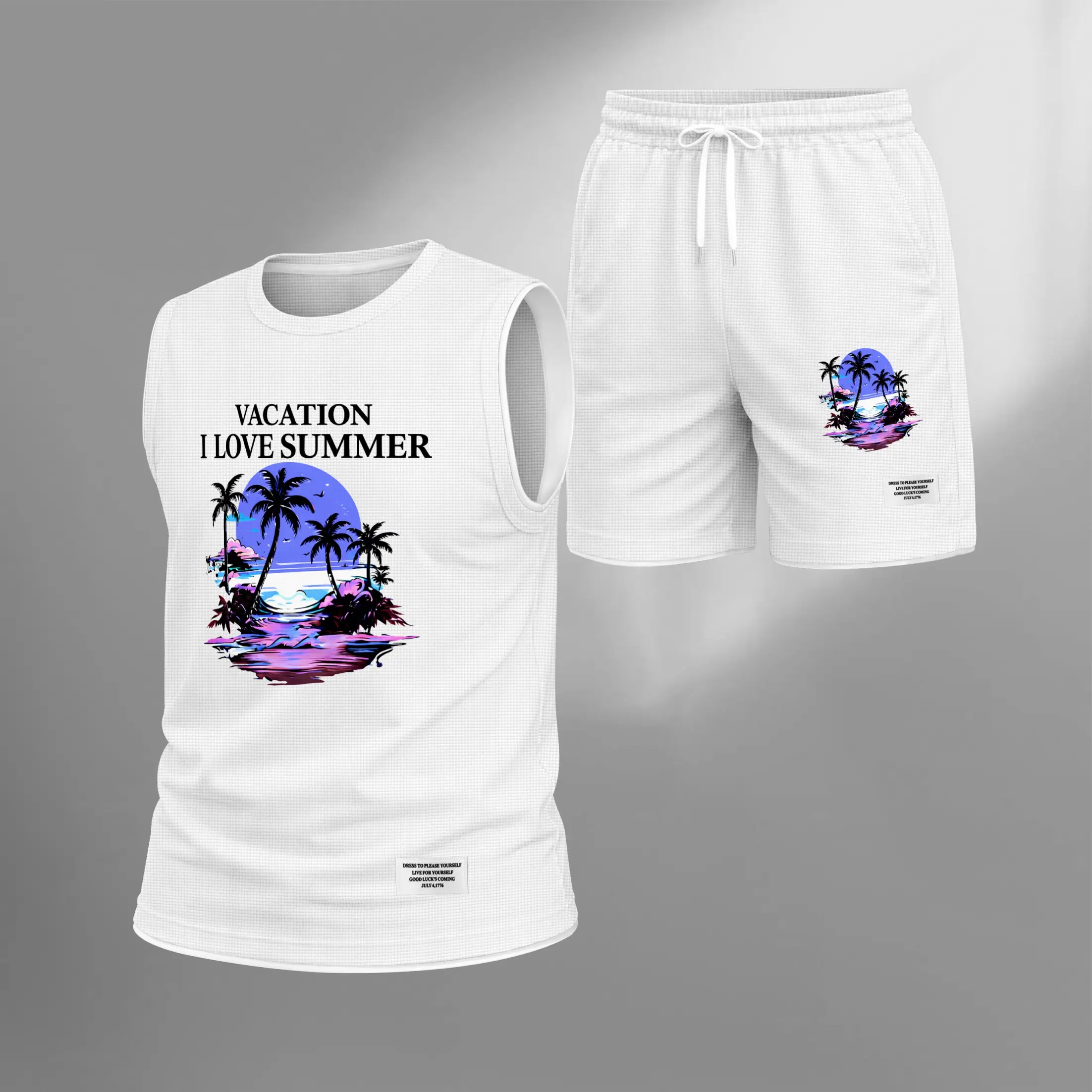 Men's 2-Piece Tropical Beach Graphic Print Sleeveless Tank Top & Shorts Matching Clothes Set - Soft, Loose Menswear Garment for Vacation, Everyday Wear, Minimalist, Fabric, Pants, Pockets, Round Neck, Polyester Clothes, Crew Neck, Drawstring Waist, Two-Pi