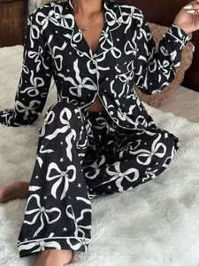Bow & Star Print Lapel Long Sleeve Top & Pants Pajama Set for Teens Fall Winter Casual-Young Style with Contrast Binding and Button Front