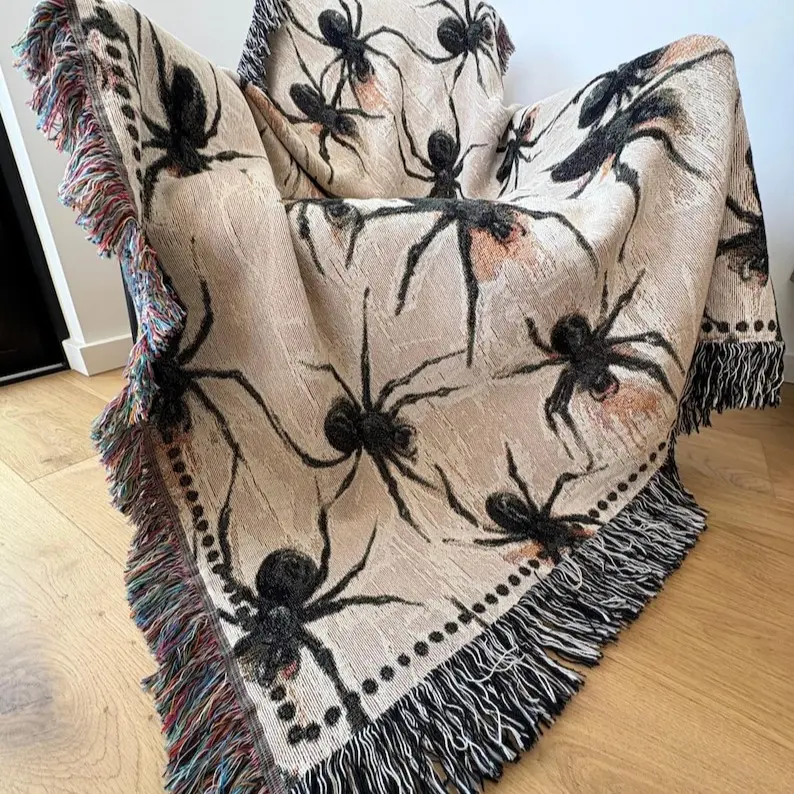 Gothic Spider Woven Throw Blanket: Neutral Halloween Decor