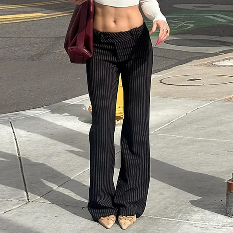 Women Pinstripe High Waist Flare Pants, Slim Fit Striped Long Trousers, Y2K Streetwear Fashion Bootcut Bottoms